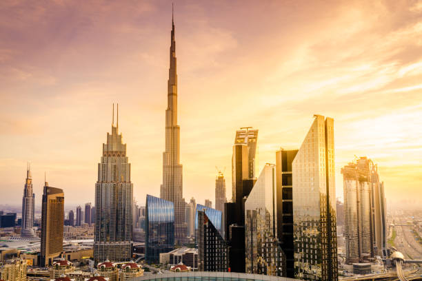 View of Dubai downtown skyline at sunset